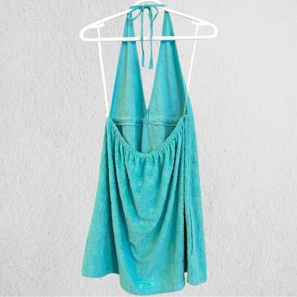 Y2K terrycloth halter turquoise mini dress swim cover - Picture 8 of 9